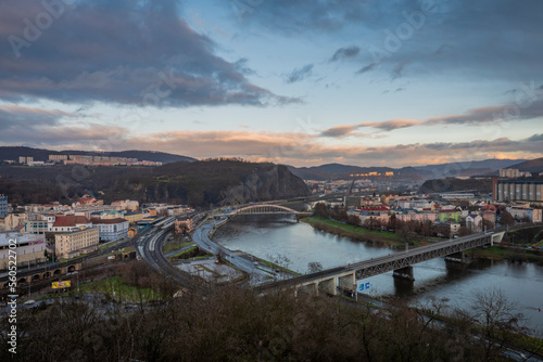 View for centre of city in winter cloudy evening 12 24 2022 Usti nad Labem CZ