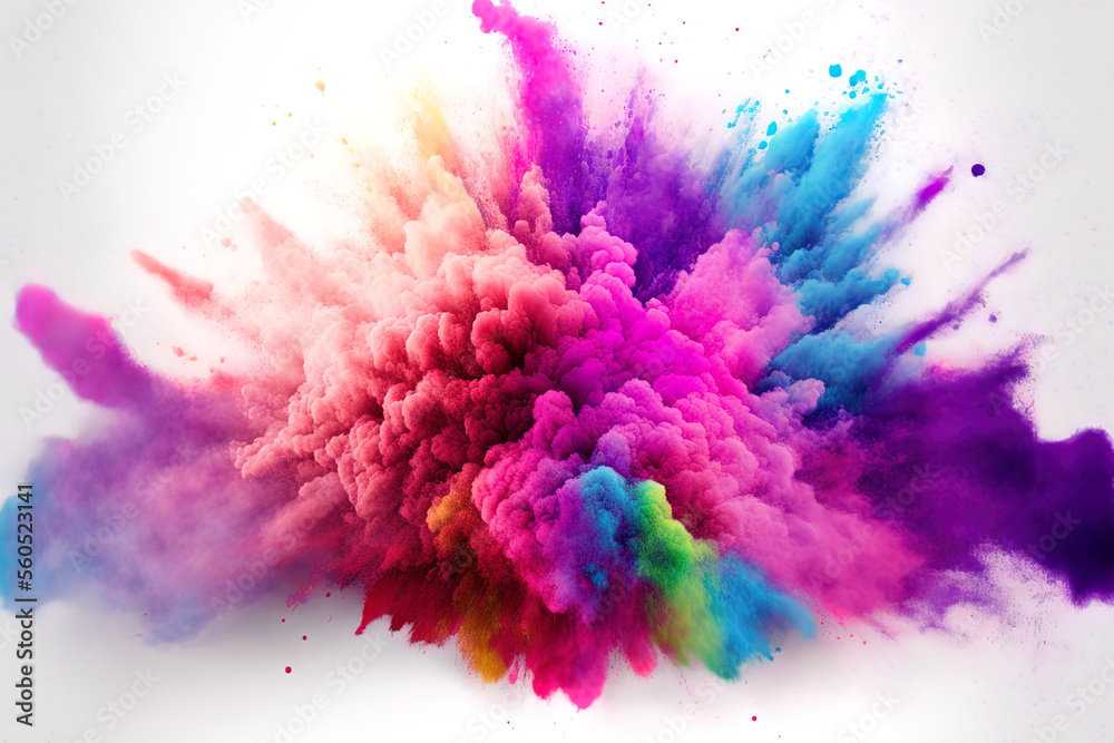 background with abstract powder splatters eruption of colored powder against a white background. cloud with color. Bright dust explodes. Color Holi. Generative AI background with abstract powder splatters eruption of colored powder against a white background. cloud with color. Bright dust explodes. Color Holi. Generative AI