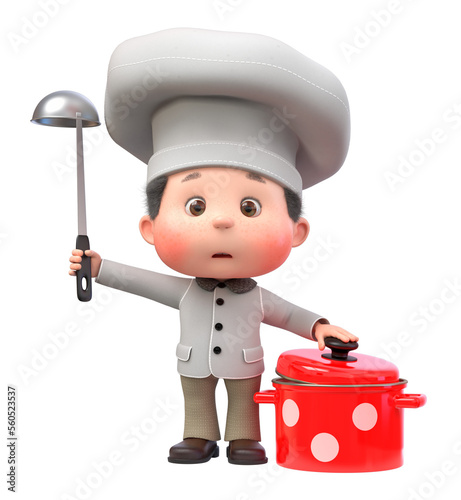 3D illustration the boy cooks with a saucepan and ladle