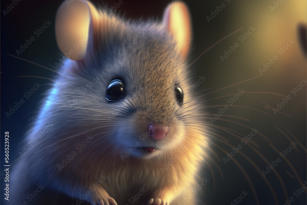  a digital painting of a mouse looking at the camera with a blurry background of a blurry background and a blurry background of a mouse's head and tail, with a. - obrazy, fototapety, plakaty 