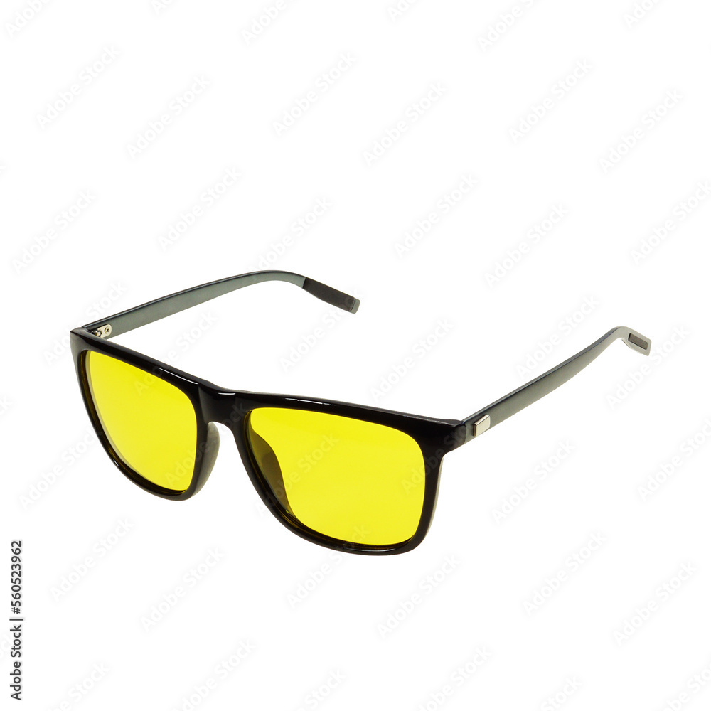 Sunglasses with yellow lenses close up isolated on transparent background. Computer eyeglasses anti blue light type
