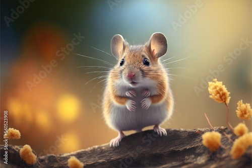  a mouse sitting on a branch with a blurry background behind it and a blurry background behind it, with a blurry background of yellow flowers and a blurry background, with a.