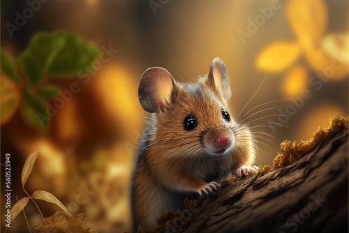  a mouse is standing on a tree branch in the woods with leaves and a background of leaves and a tree trunk with a leafy, with a small, brown, yellow, brown,.