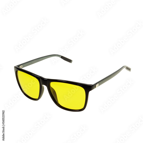 Sunglasses with yellow lenses close up isolated on transparent background. Computer eyeglasses anti blue light type 
