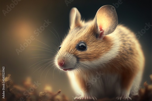  a mouse with a round nose and a round nose, standing in a field of grass and looking at the camera with a dark background of a blurry light behind it, with a. © Anna