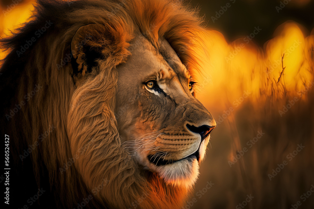 Naklejka premium A sunset portrait of a male lion. an intricate face. Leo panthera African wildlife. Tanzania. Generative AI