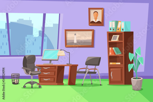 Modern office interior vector illustration. Cartoon drawing of computer desk with chair, bookcase with documents, paintings and window. Workplace, interior, furniture concept