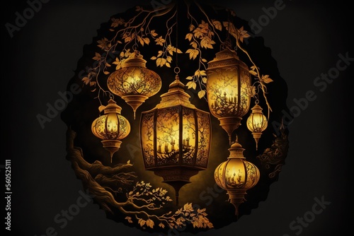  a group of lanterns hanging from a tree branch in a dark room with leaves and branches around them, with a dark background and a circular frame with leaves and branches and branches, and.