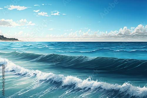 Waves with a soft surface, blue sky, and calm Mediterranean sea in the background. Generative AI © 2rogan