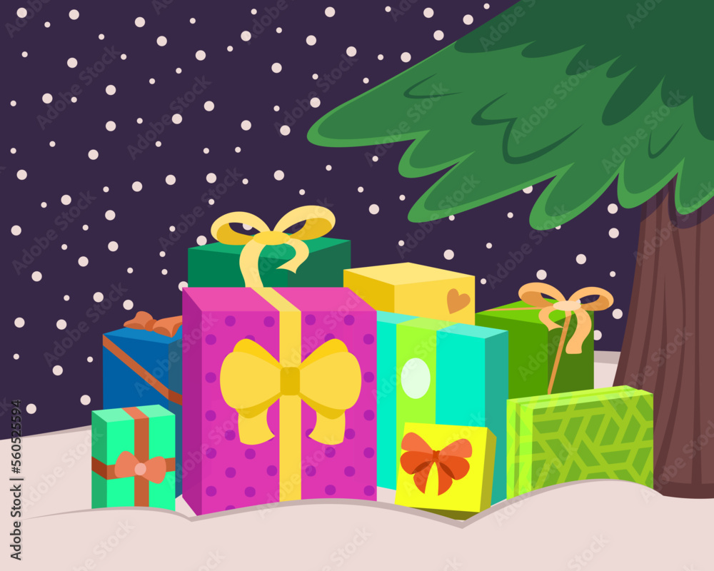 Pile of gift boxes on snow under fir tree vector illustration. Cartoon drawing of colorful winter holidays presents for family or friends. Christmas, New Year, winter, celebration concept