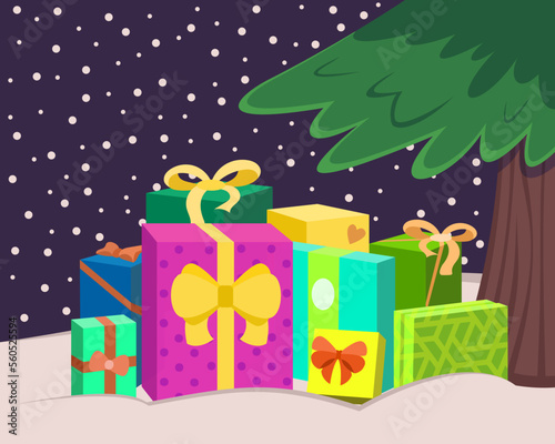 Pile of gift boxes on snow under fir tree vector illustration. Cartoon drawing of colorful winter holidays presents for family or friends. Christmas, New Year, winter, celebration concept