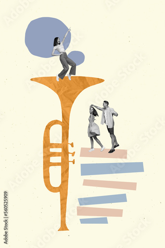 Canvas Print Creative poster collage of small people group have musical concert playing trump