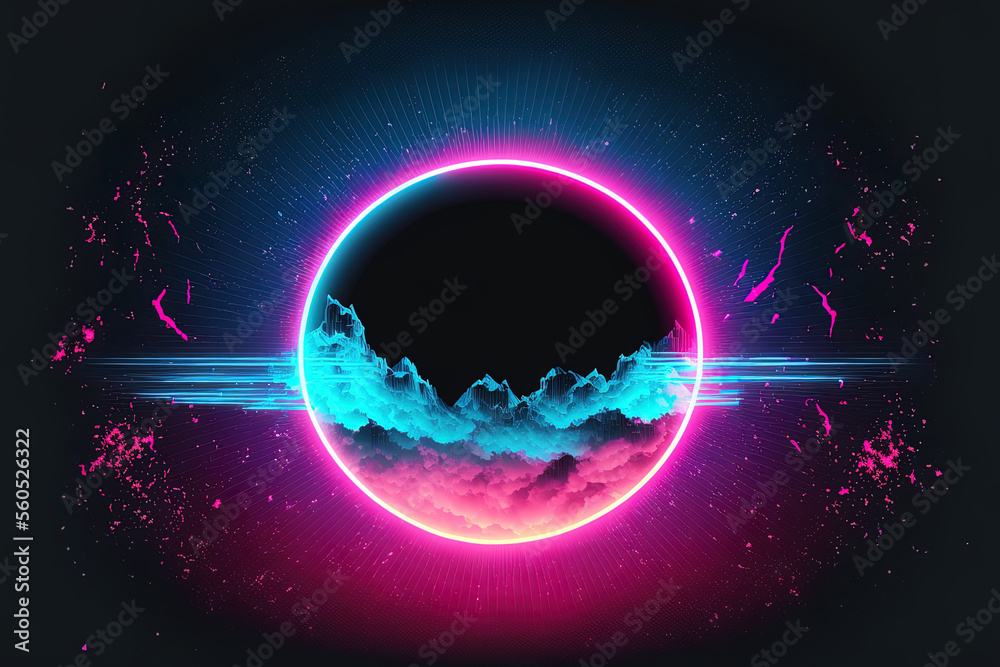 Synthwave Vaporwave Retrowave Glitch Circle with blue and pink glows ...
