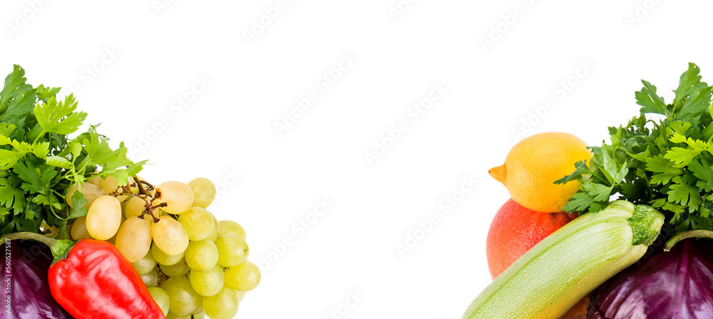 Vegetables and fruits isolated on white. Collage. Wide photo. Free space for text. Vegetables and fruits isolated on white. Collage. Wide photo. Free space for text.