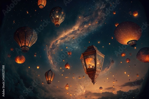  a group of lanterns flying through the sky at night time with a sky background and a spiral of clouds and a spiral of lights in the middle of the sky, with a few lanterns. Generative AI