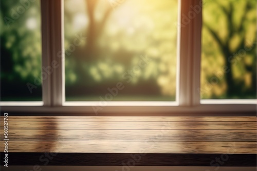 a wooden table with a blurry background of trees outside of a window with a wooden table top in front of it and a window with a wooden frame with a blurry background of trees.