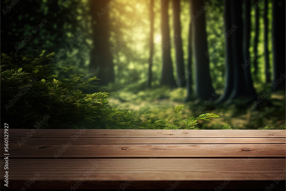 a wooden table with a view of a forest with trees and grass in the background with a sunbeam in the middle of the picture and a wood floor to the right of the photo. a wooden table with a view of a forest with trees and grass in the background with a sunbeam in the middle of the picture and a wood floor to the right of the photo.