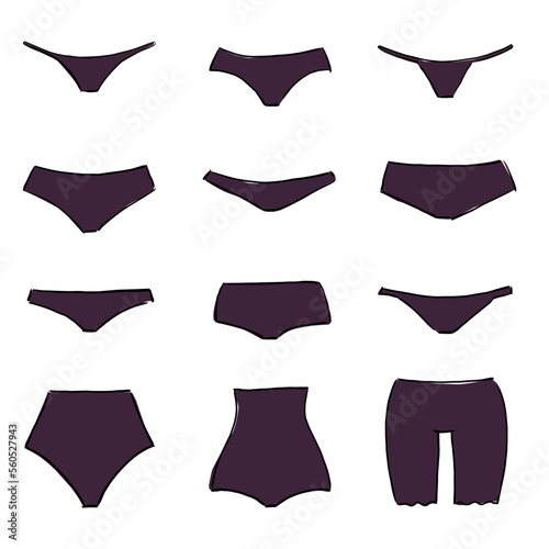 a set of hand-drawn women's panties of various types. cartoon sketch on a white background