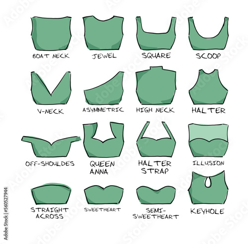a set of hand-drawn women's tops of various types. cartoon sketch on a white background