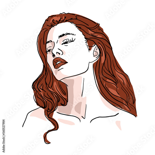 portrait of a red-haired long-haired girl with red lips. hand drawn cartoon sketch on white background