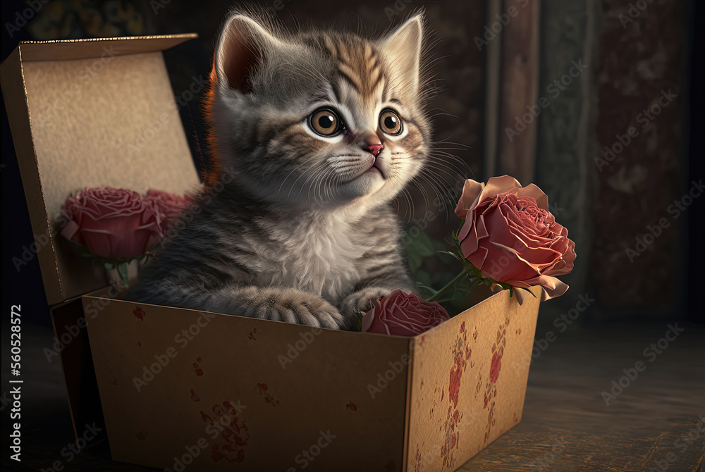 Kitten sits in a box with hearts and rose flowers. Сat gives love gift for valentine's day, The 14th of February.   [Digital art. Generative AI painting]