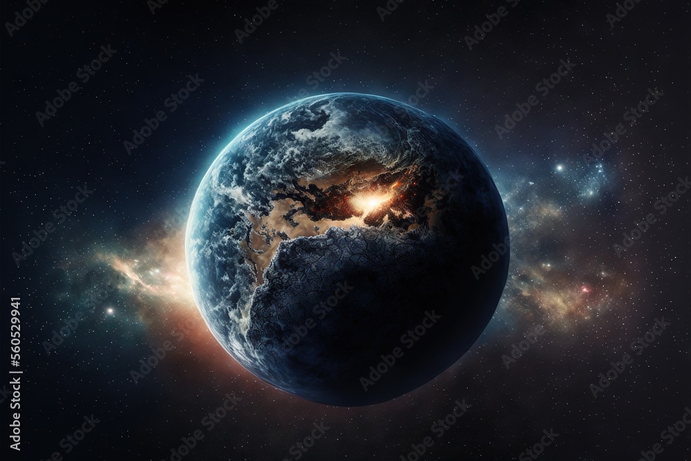 Naklejka premium a view of the earth from space with stars around it and a bright light shining on the side of the earth in the center of the picture is a black background with a blue and white.