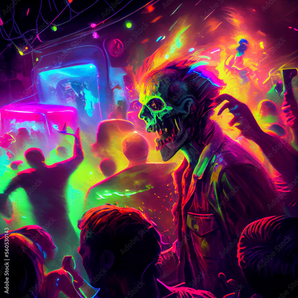 Abstract zombie concert in night club. Generative AI.