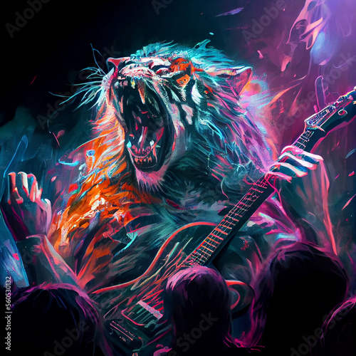 Tiger playing guitar in night club. Generative AI.