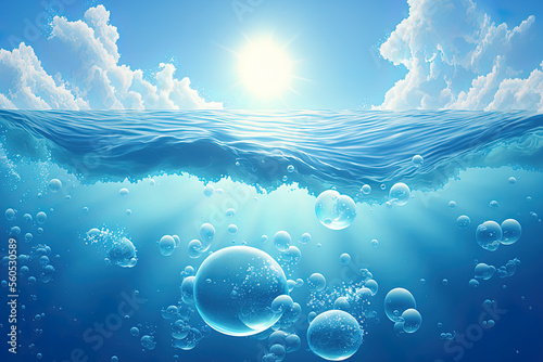 Waves and bubbles in BLUE UNDER WATER. Beautiful white clouds on a blue sky  a calm sea with sunlight reflecting off of them  and a calm water surface create a peaceful seascape. Blue ocean and a sunn