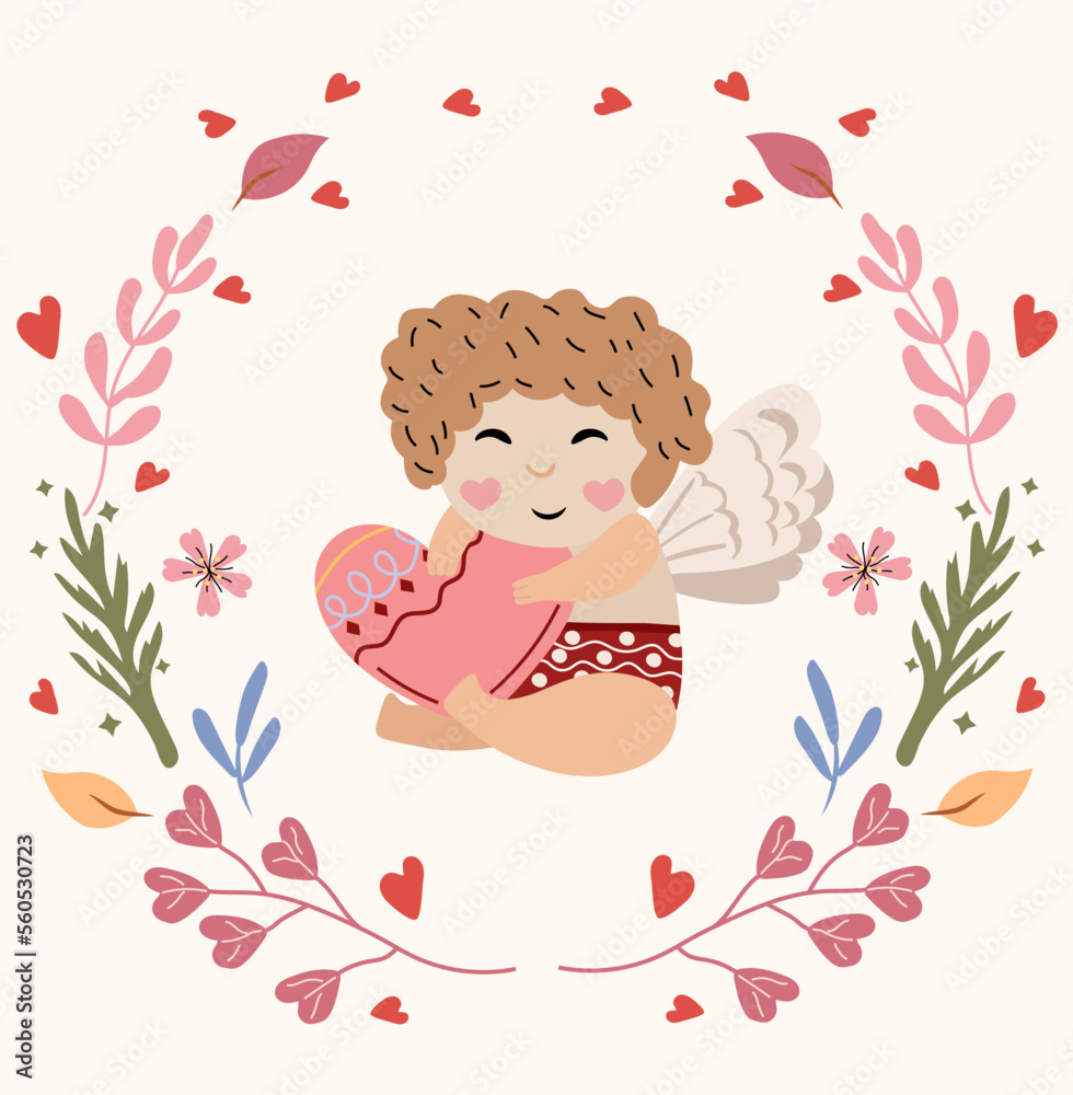 A cute cupid holds a postcard with a heart, leaves and flowers in a circle. A little angel as a symbol of love. Concept of holiday, love. Composition for greeting cards, posters, banners. Vector