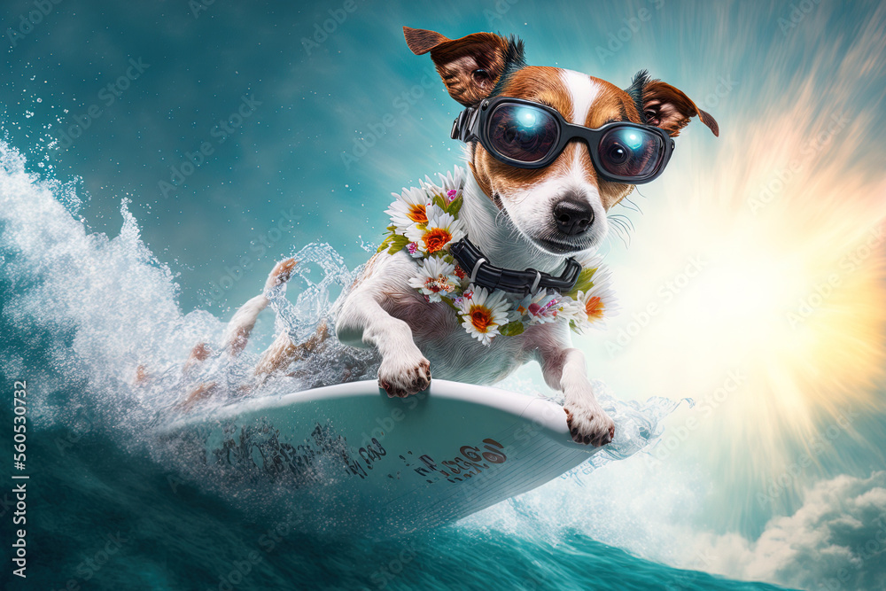 Jack Russell puppy surfing on a wave while on vacation in the summer, wearing stylish sunglasses and a flower chain. Generative AI - obrazy, fototapety, plakaty 