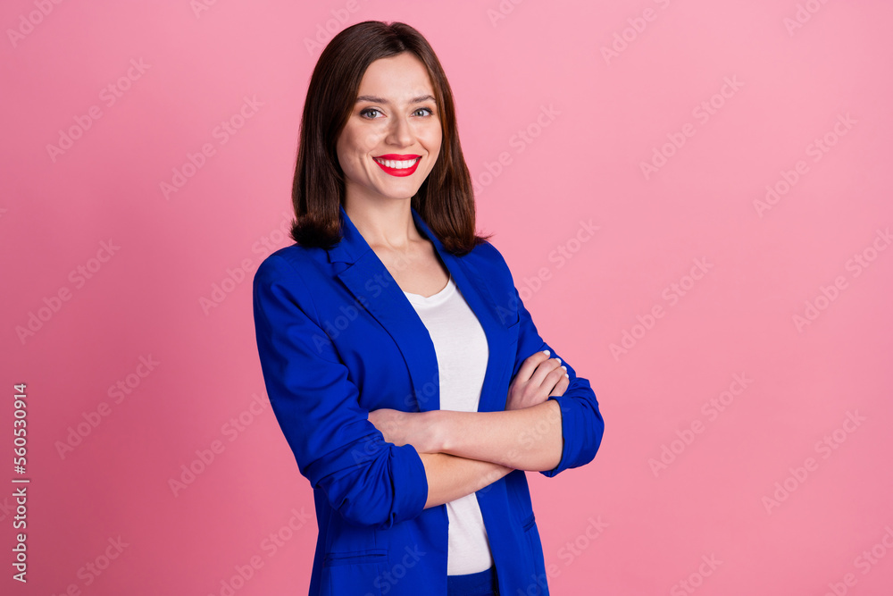 Photo of confident successful business lady crossed hands satisfied smiling financial director company isolated on pastel pink color background Photo of confident successful business lady crossed hands satisfied smiling financial director company isolated on pastel pink color background