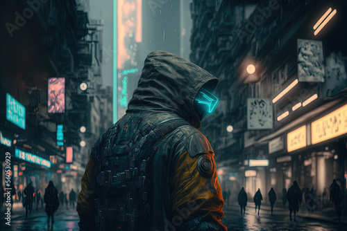 Back view of a man in smart glasses. Cyberpunk city street. Dark future. Generative AI