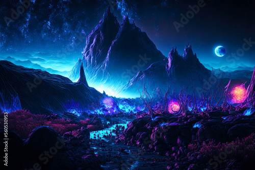 Alien planet landscape, mountains, dark. Generative AI