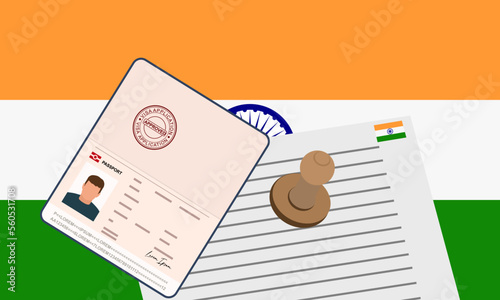 India visa, open stamped passport with visa approved document for border crossing. Immigration visa concept. Background with India flag. vector illustration