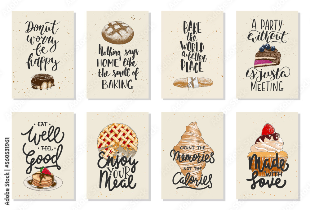 Set of 8 vector bakery posters with hand drawn unique funny lettering ...