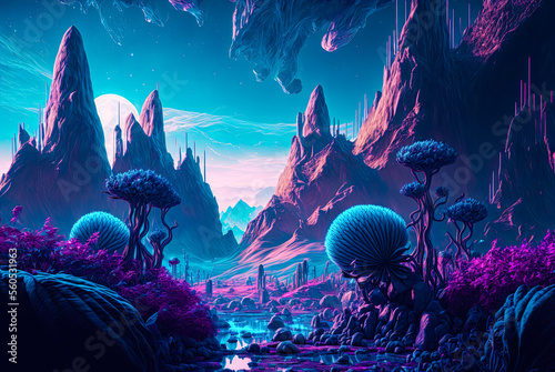 Fantasy landscape, sci fi, trees, mountains, blue, dark. Generative AI photo
