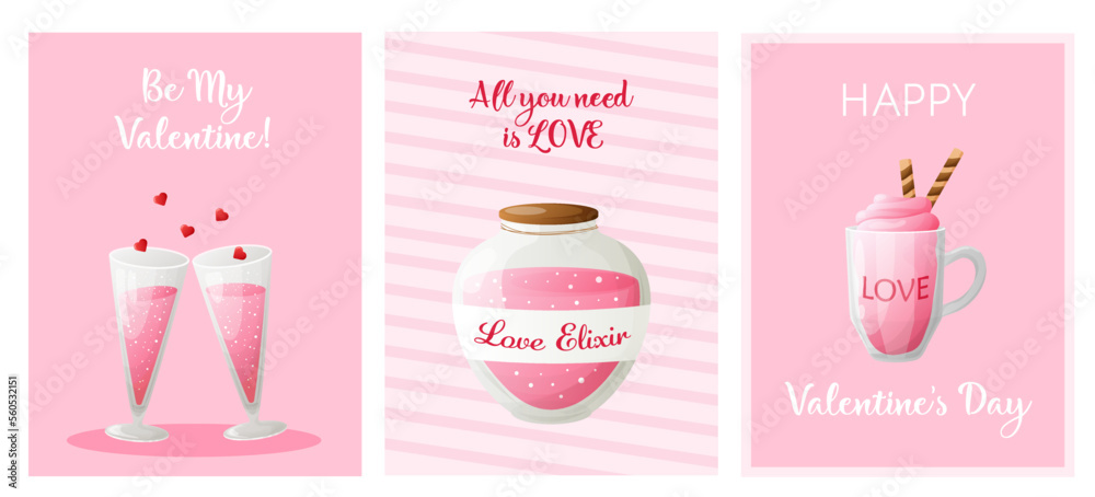 Valentine's day poster set with cute ice cream, love elixir and abstract background. Editable vector illustration for website, invitation and sticker. Card, postcard, print.