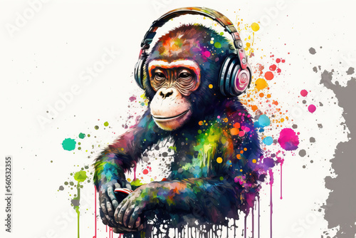 Canvas Print Cool monkey with headphones listening music, colorful paints smudges, spatter
