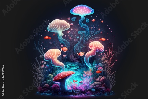  a painting of a group of mushrooms in a dark background with a blue light coming from the top of the mushroom, and a pink mushroom on the bottom of the mushroom, and bottom.
