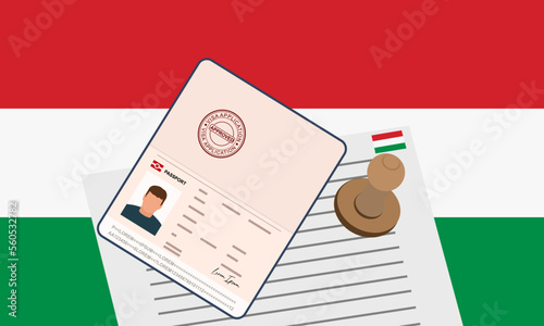 Hungary visa, open stamped passport with visa approved document for border crossing. Immigration visa concept. Background with Hungary flag. vector illustration