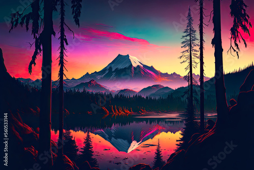 Pacific Northwest style landscape, fantasy, mountain. Generative AI photo