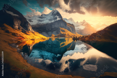 Fantastic view of Switzerland's Bachalpsee in the evening. Beautiful autumnal sunset in Grindelwald, Bernese Oberland, Europe's Swiss Alps. Background of the natural world's beauty. Generative AI
