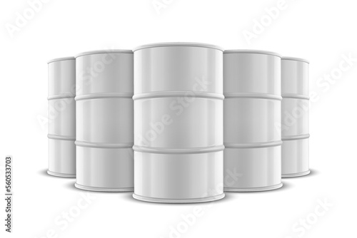 Vector 3d Realistic Five White Barrels, Hazard Liquid. Caution Barrel, Radioactive, Hazardous Chemical Materials, Toxic Pollution, Many Danger Barrels, Stack, Set Closeup Isolated