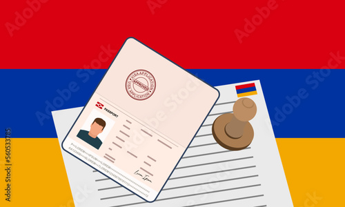 Armenia visa, open stamped passport with visa approved document for border crossing. Immigration visa concept. Background with Armenia flag. vector illustration