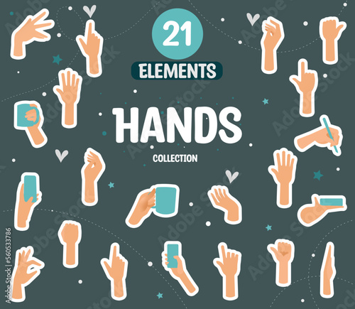 Set of hands showing different gestures. Vector flat illustration of female and male hands. Vector icon illustration