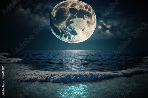 Ocean waters are illuminated by the full moon. On the sea, the Milky Way may be seen in reflection. Bright stars can be seen all over the night sky. The moon is traveling in a different direction