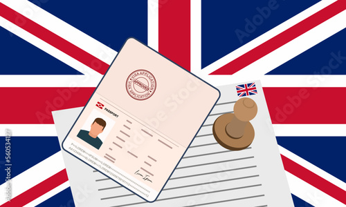 United Kingdom visa, open stamped passport with visa approved document for border crossing. Immigration visa concept. Background with United Kingdom flag. vector illustration