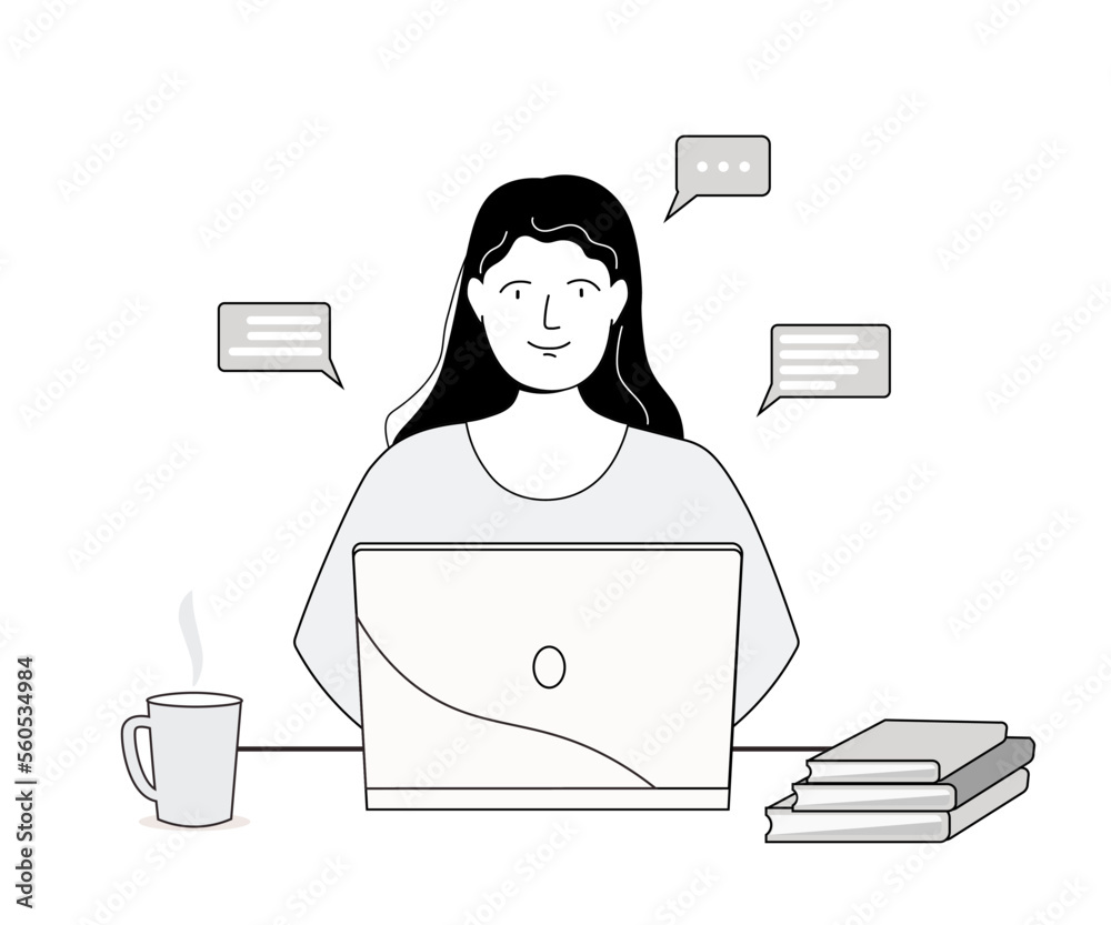 A woman is sitting at a laptop. The girl studies, works as an operator, manager, communicates remotely online. Vector art line graphics. A woman is sitting at a laptop. The girl studies, works as an operator, manager, communicates remotely online. Vector art line graphics.