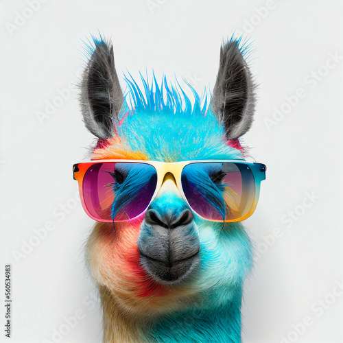 Colorful cool llama in sunglasses isolated on white background, Generative AI © Diana Vyshniakova